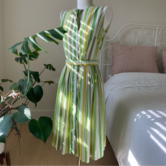 Vintage Green Lemon Candy Stripe Shirt Dress w/ Belt Kenny Classics by Donnkenny - Picture 5 of 13